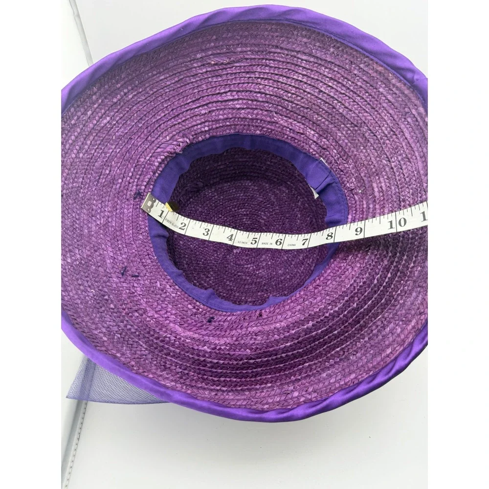 Vintage Purple Straw Cloche Hat Satin Bow Tulle Flower‎ Tea Party Church Wedding
